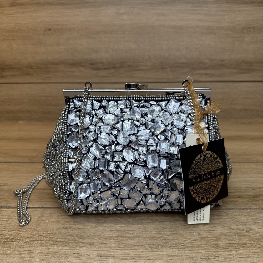 Handcrafted India Silver Rhinestone Crystal Clutch Wedding Evening Bag Beaded